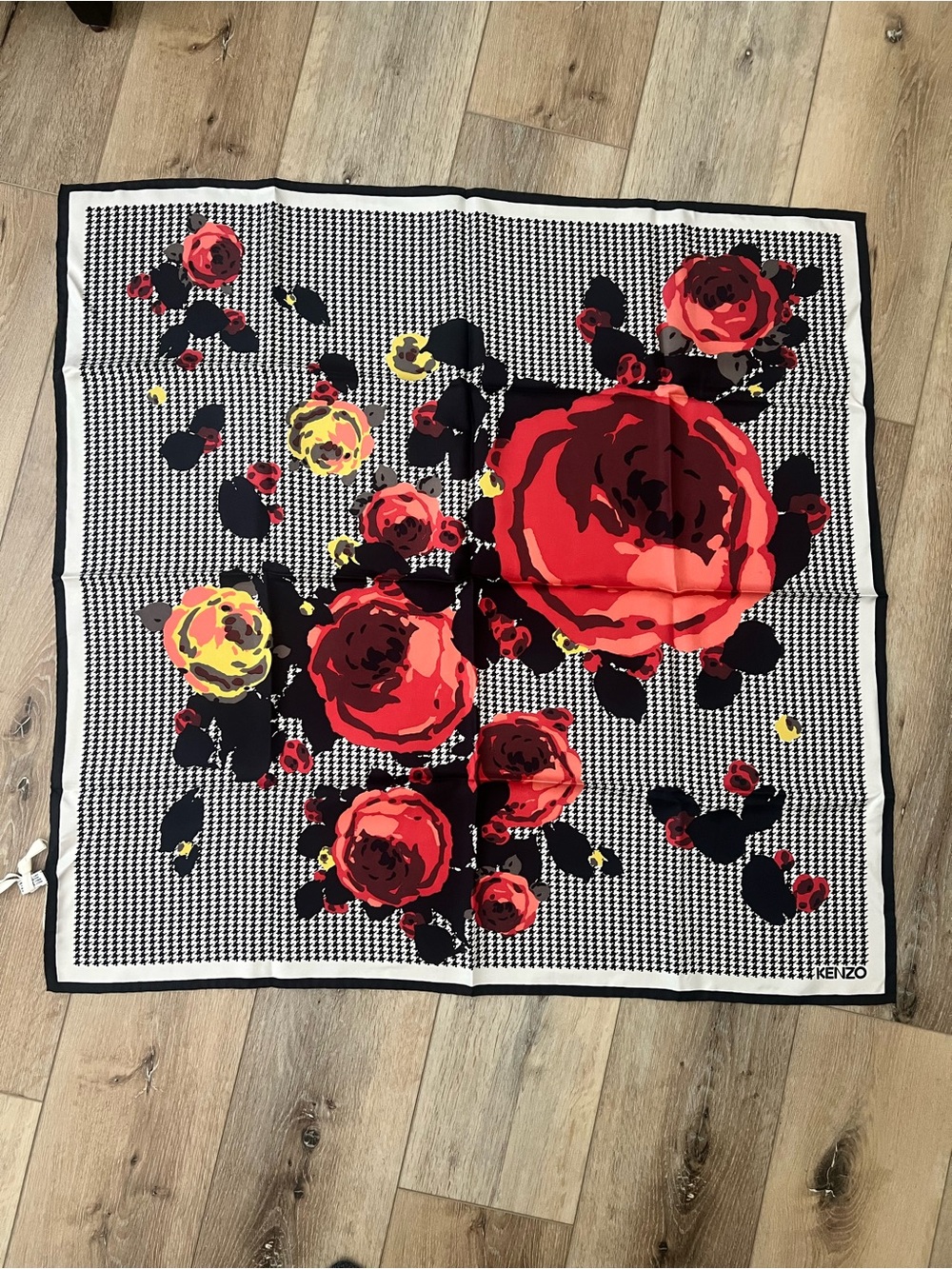 Kenzo Black, White, Red & Yellow Floral Silk Scarf